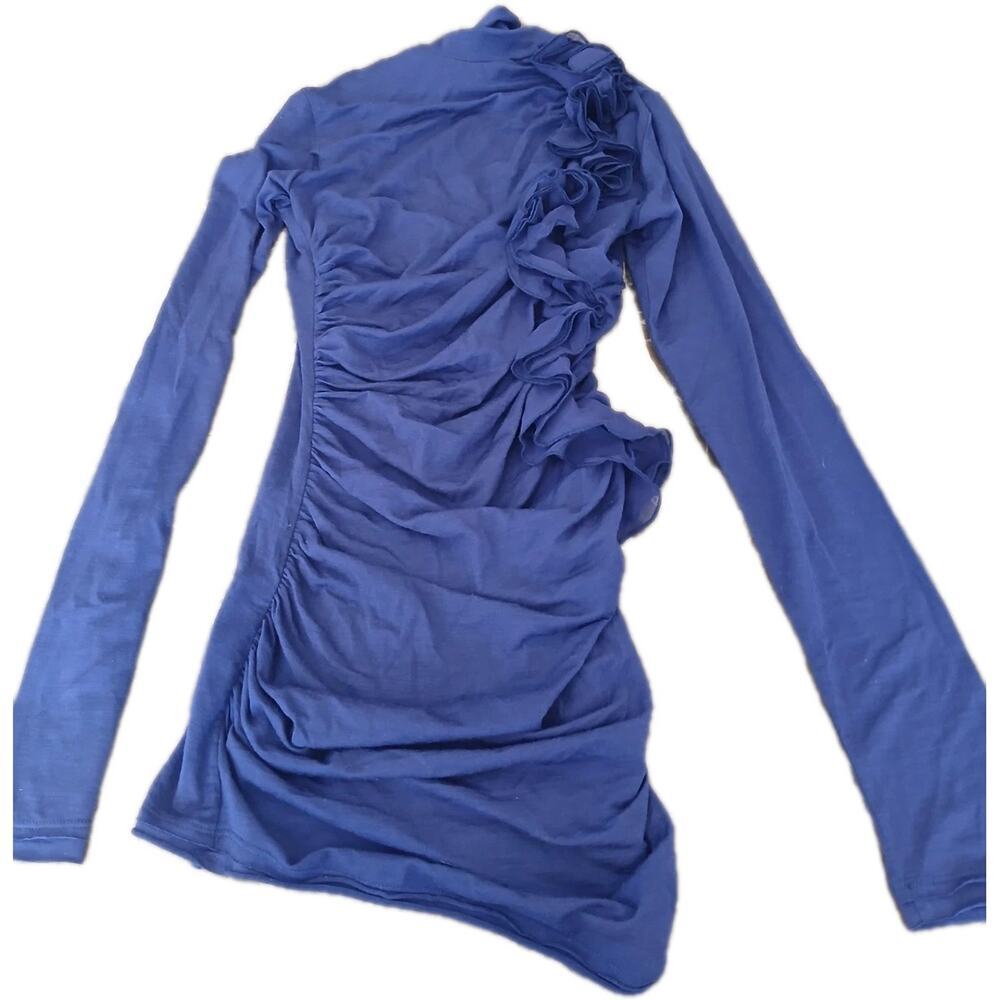 Susana Monaco Fitted ROUCHED Long Sleeve Wool SILK Blend Top XS